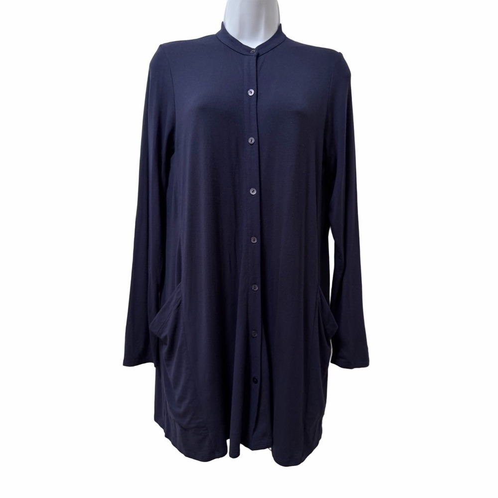 Eileen Fisher Womens Jersey Button Up Long Sleeve Tunic Top Size SP Navy Pockets